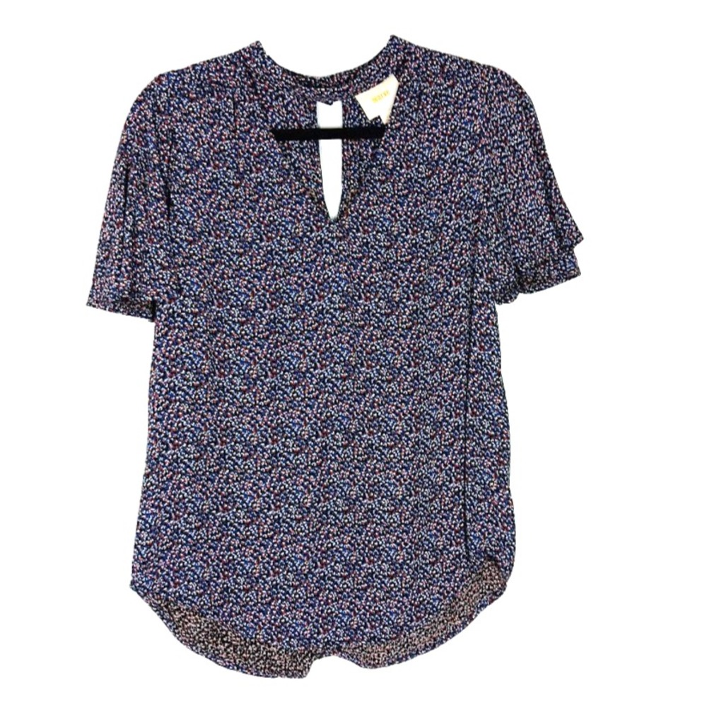 Maeve by Anthropologie Small Floral Flutter Sleeve Keyhole Blouse Navy Multicolo